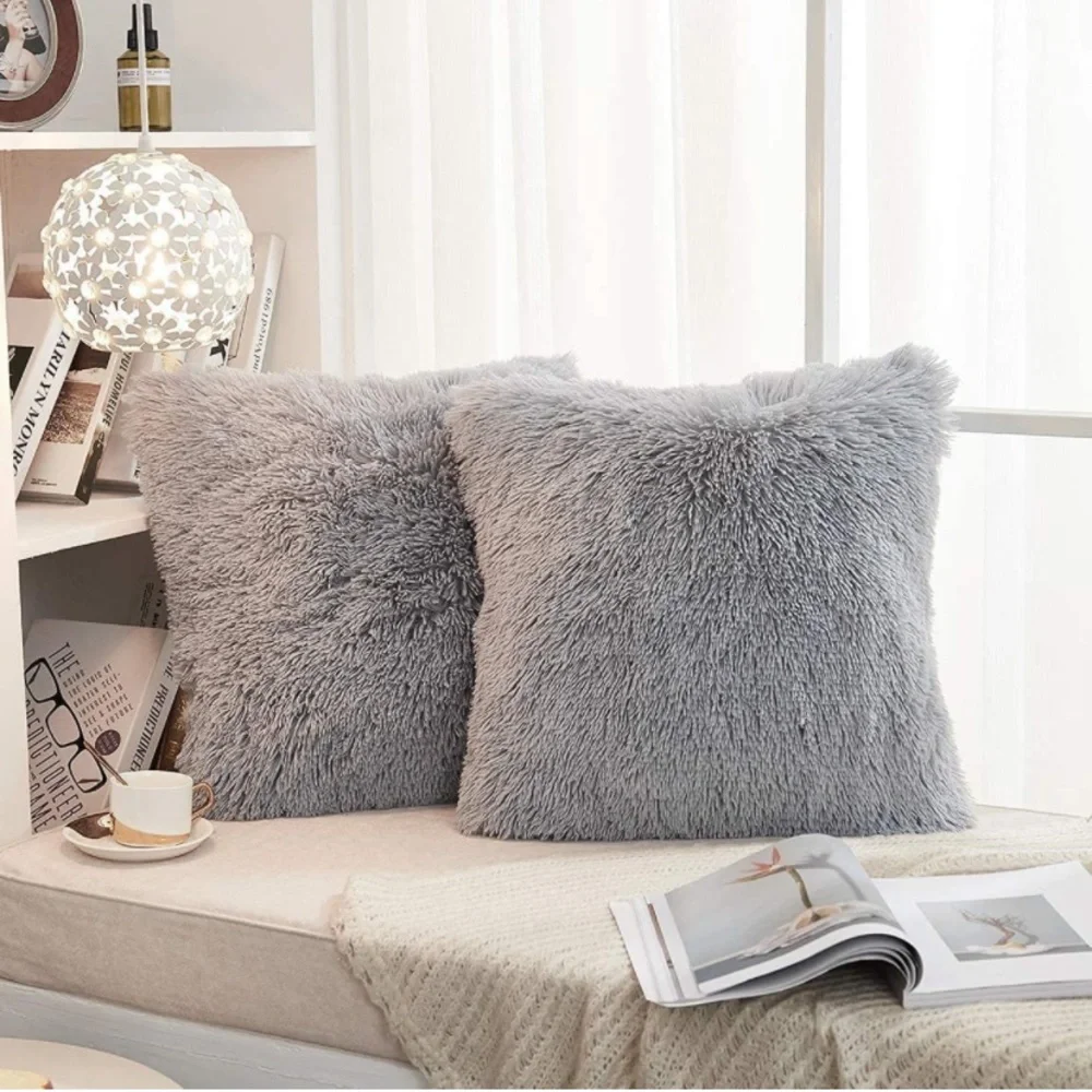 Luxury Home | Chic Grey Soft Plush Faux Fur Throw Pillow Covers